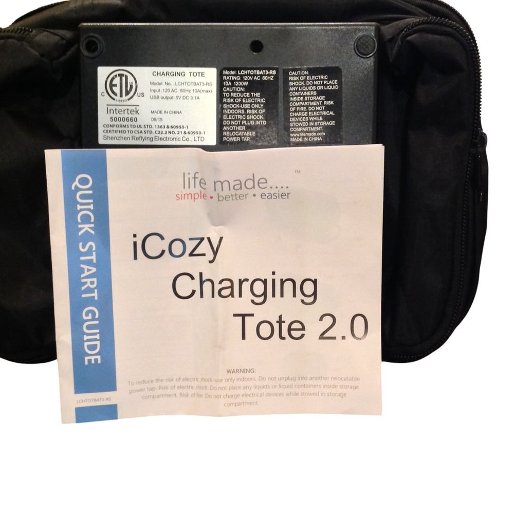Life Made iCozy Charging Tote 2.0 Black Portable Power Hub LCHTOTBAT3-RS